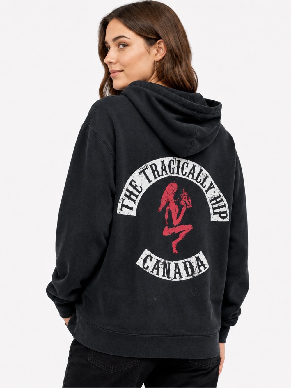 Black full-zip hoodie celebrating iconic Canadian rock band The Tragically Hip.
